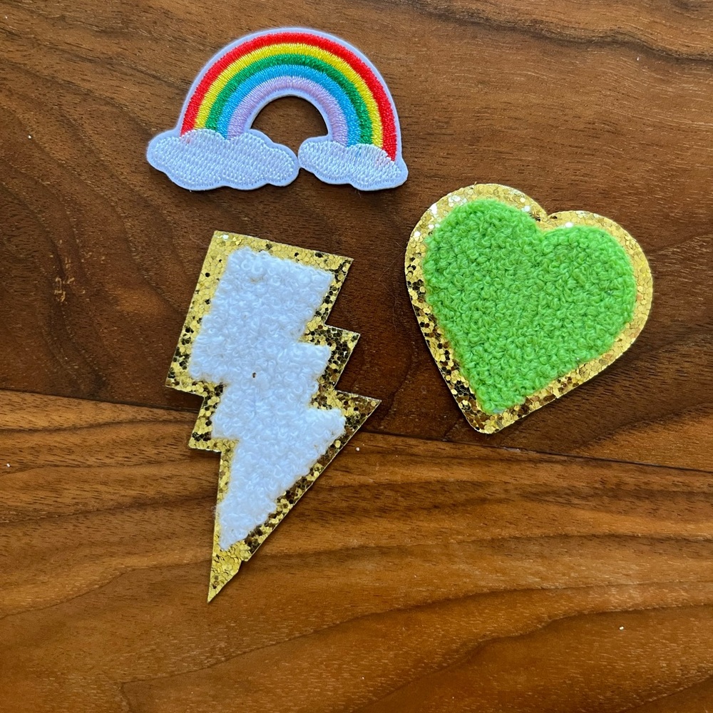 Three patches, iron on, rainbow lightning heart
